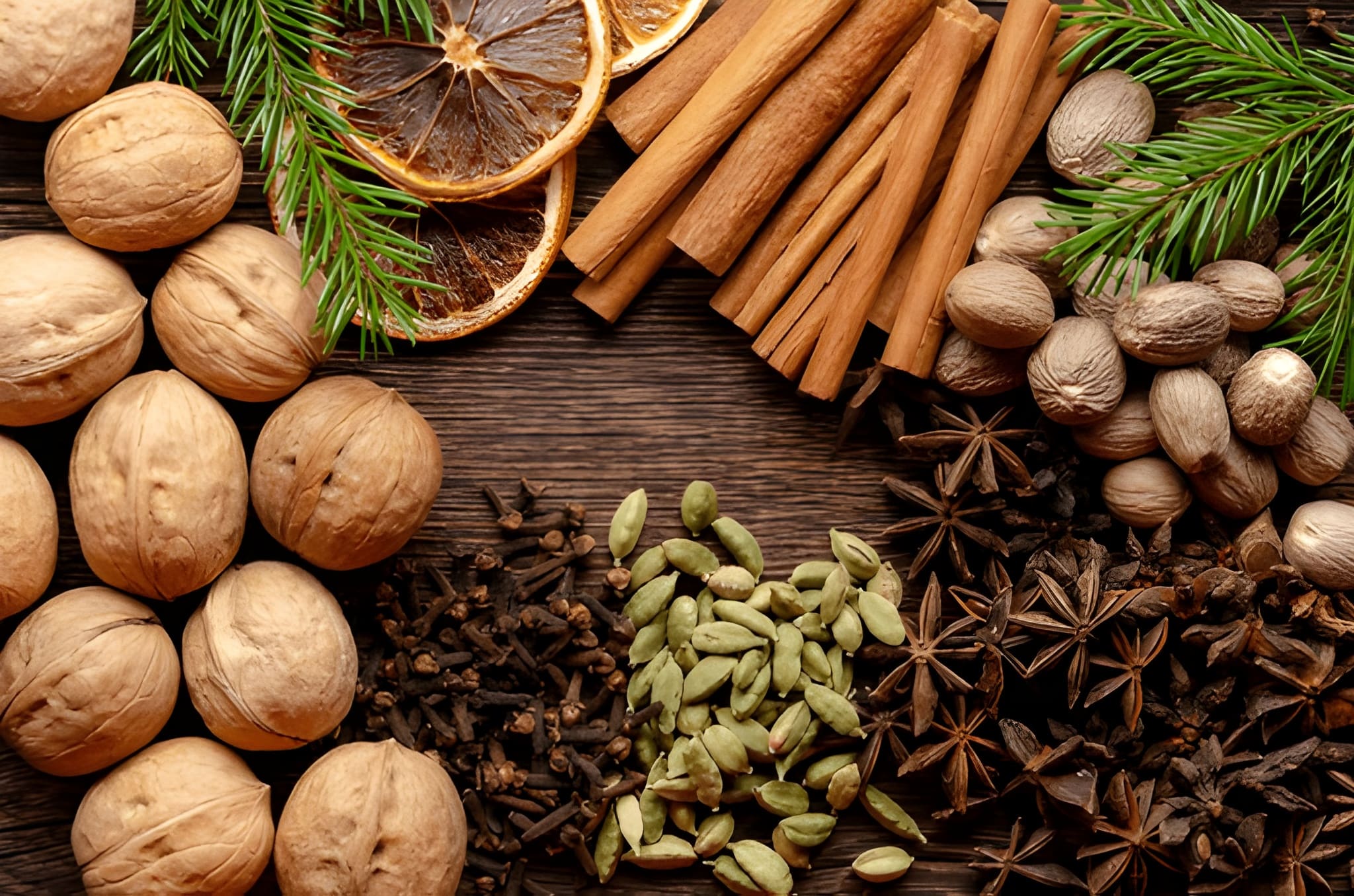 A collection of whole spices like cinnamon sticks and star anise